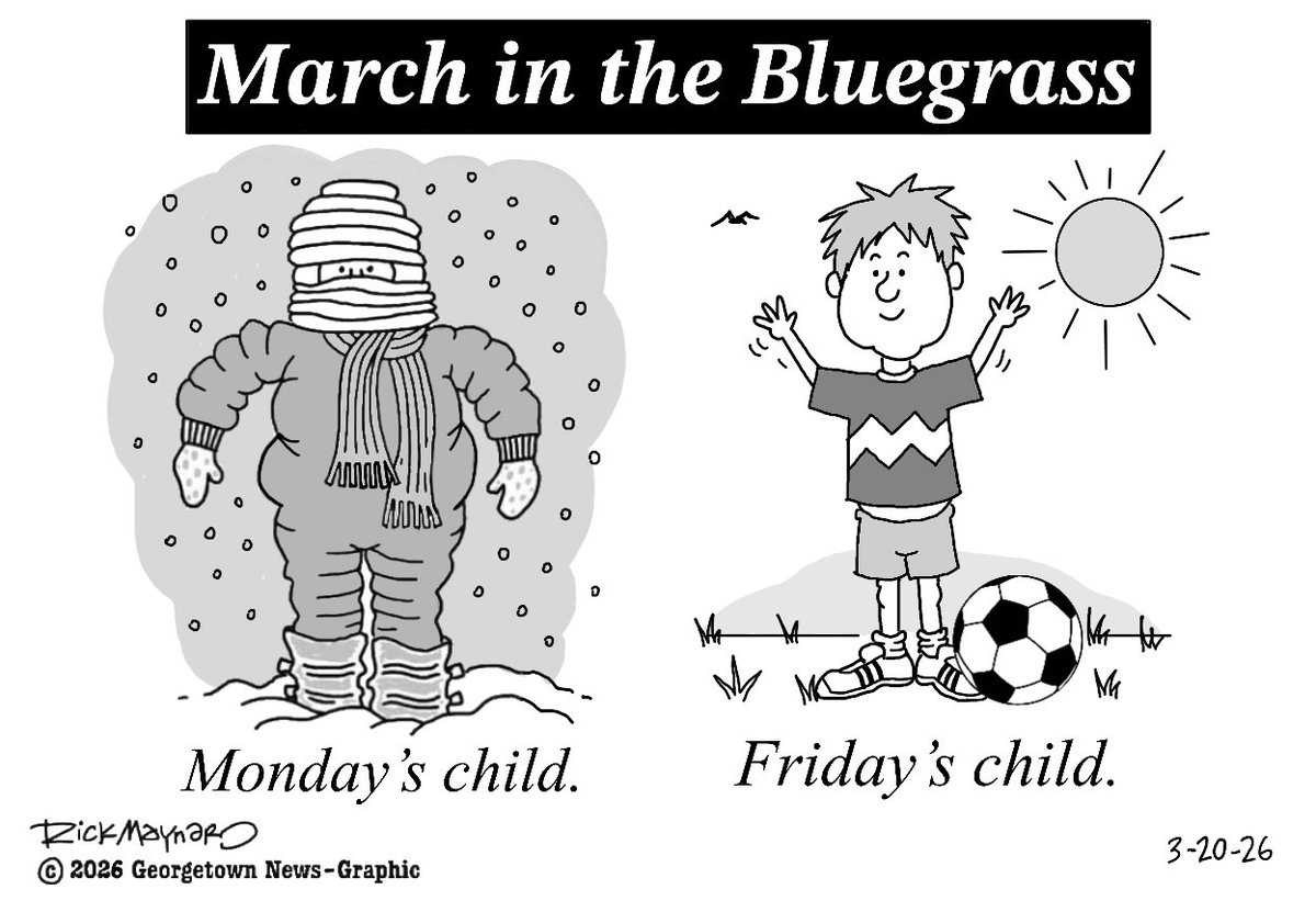 3-20-26: Georgetown News-Graphic cartoon. This was an exceptionally weird weather week, even by Central Kentucky standards. #cartoon #kentucky #kentuckyweather #kentuckyWX #editorialcartoon #bluegrass #weather