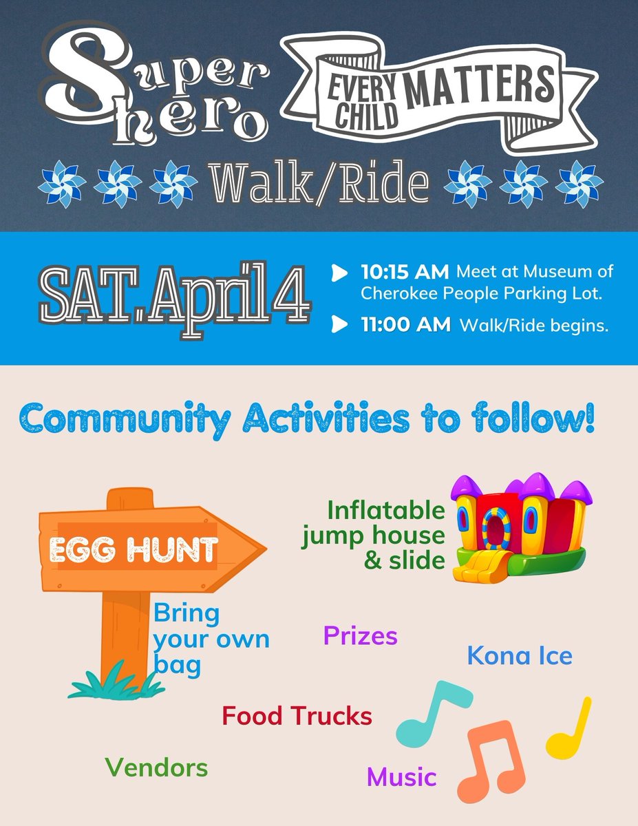 Join us for FUN and EXCITEMENT at the Superhero EVERY CHILD MATTERS Walk/Ride on Sat. April 4. Whether you plan to Walk, Bike, or ride your  Side-by-Side, ALL are invited to attend to bring awareness to Child  Abuse Prevention! Community Activities will follow at Unity Field.