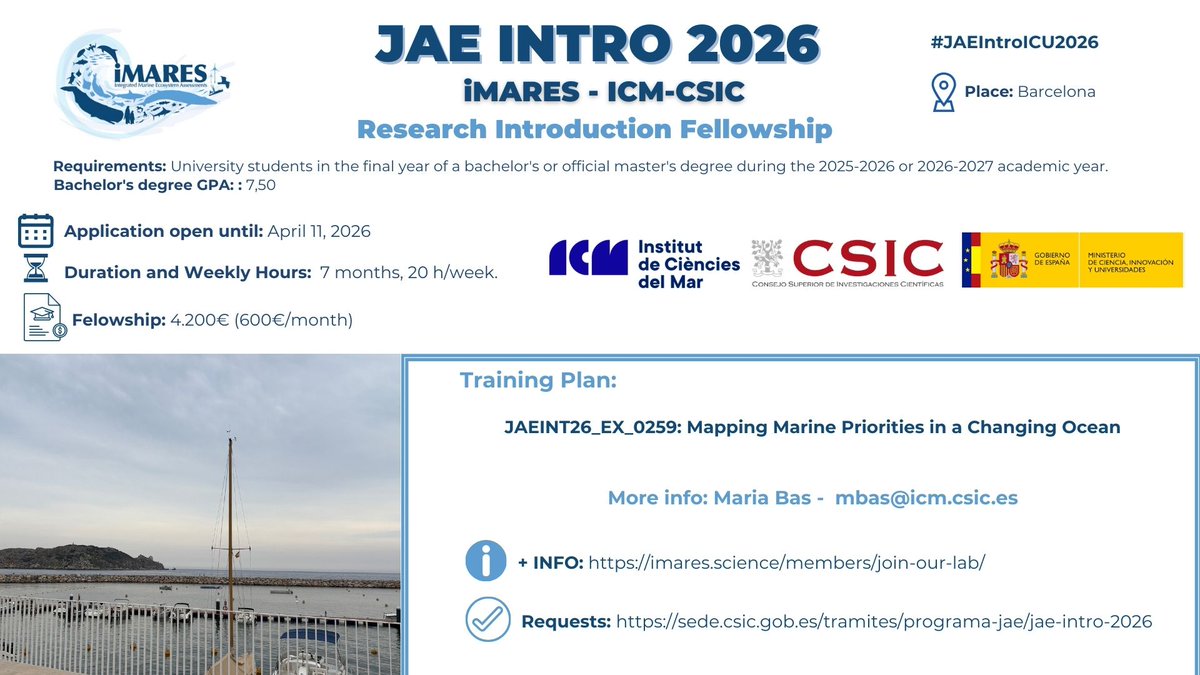 iMARES_group's tweet photo. 🌍 Passionate about marine biodiversity and spatial planning?
Apply for the #JAEIntro26 fellowship “EBSA Mapping Across Ocean Basins” at @ICMCSIC.
Work with geospatial data, R, and conservation tools to identify priority areas.

👉 https://t.co/cHZSQS6QBD https://t.co/AQKJedN1nm