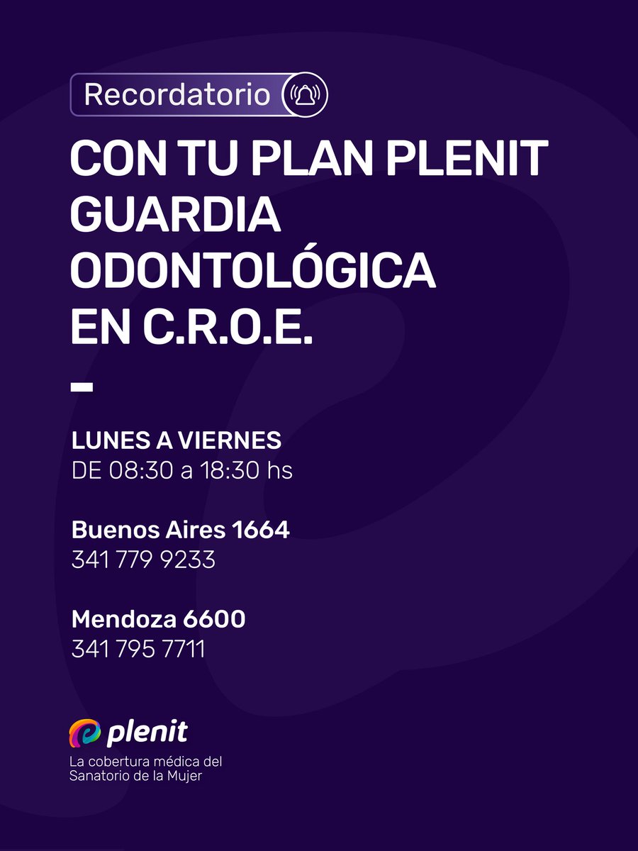🦷 Guardia odontológica para socios Plenit, podés acceder a la Guardia C.R.O.E.

📍 Buenos Aires 1664 · 341 779 9233
📍 Mendoza 6600 · 341 795 7711
🕒 Horario de atención:
Lunes a viernes de 08:30 a 18:30 hs.

En Plenit seguimos acompañándote con servicios que cuidan tu salud.