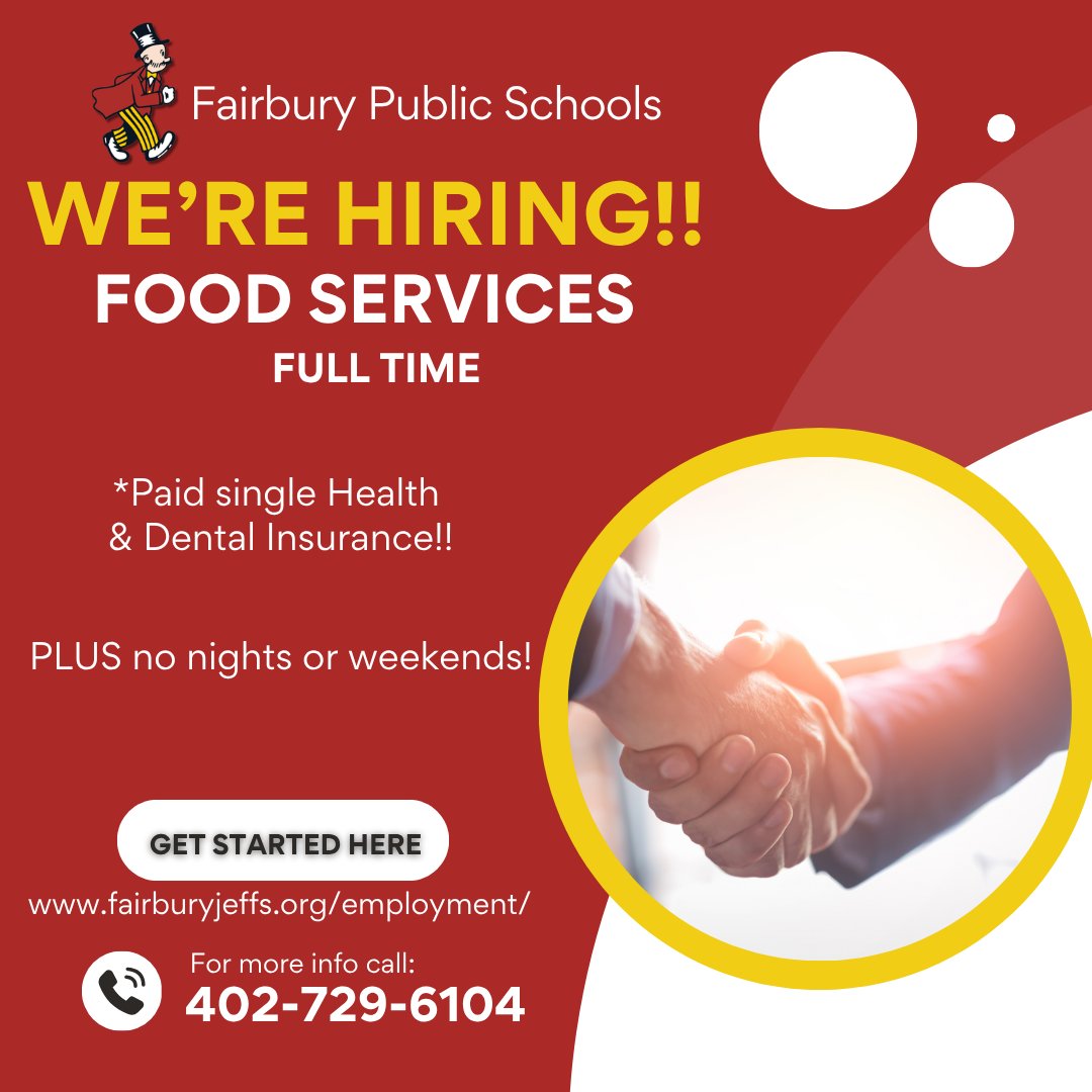 Come join our team!! ❤️💛

Fairbury Public Schools has a Full Time Position open in Food Services, apply today!

fairburyjeffs.org/employment/