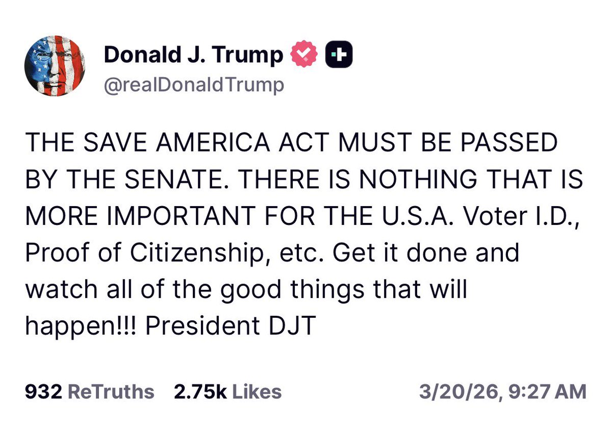 President Trump calls on the U.S. Senate to pass the SAVE America Act and says “There is nothing that is more important for the USA.”