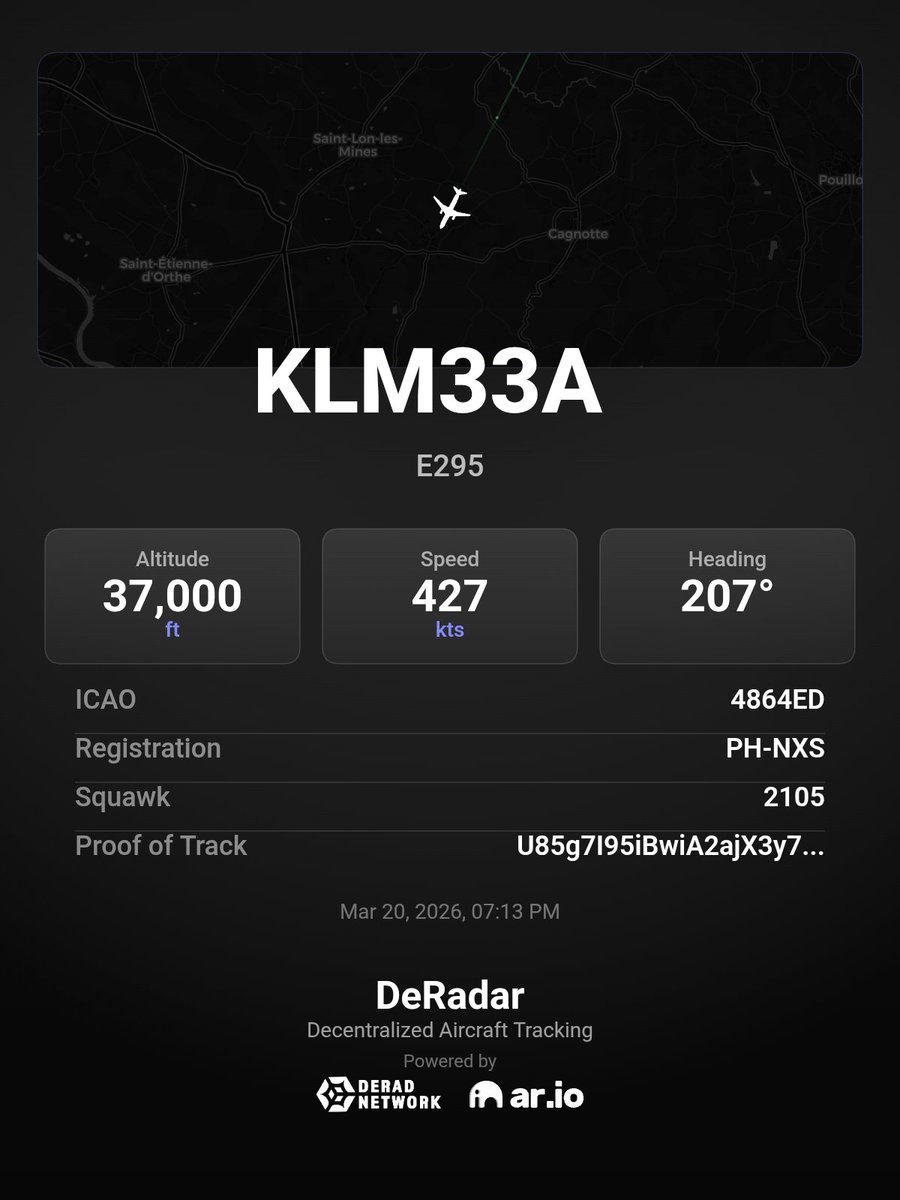 📶🛰 <a href="/deradnet/">Derad Network</a>'s "DeRadar"  app is redefining live aviation tracking, and here’s today’s insane snapshot powered by decentralized tech.👇✈️🌐

✈️ KLM33A  
Aircraft: E295
Altitude: 37,000 ft (FL370)
Speed: 427 kts
Heading: 207°

All tracked in real time through DeRadar →
