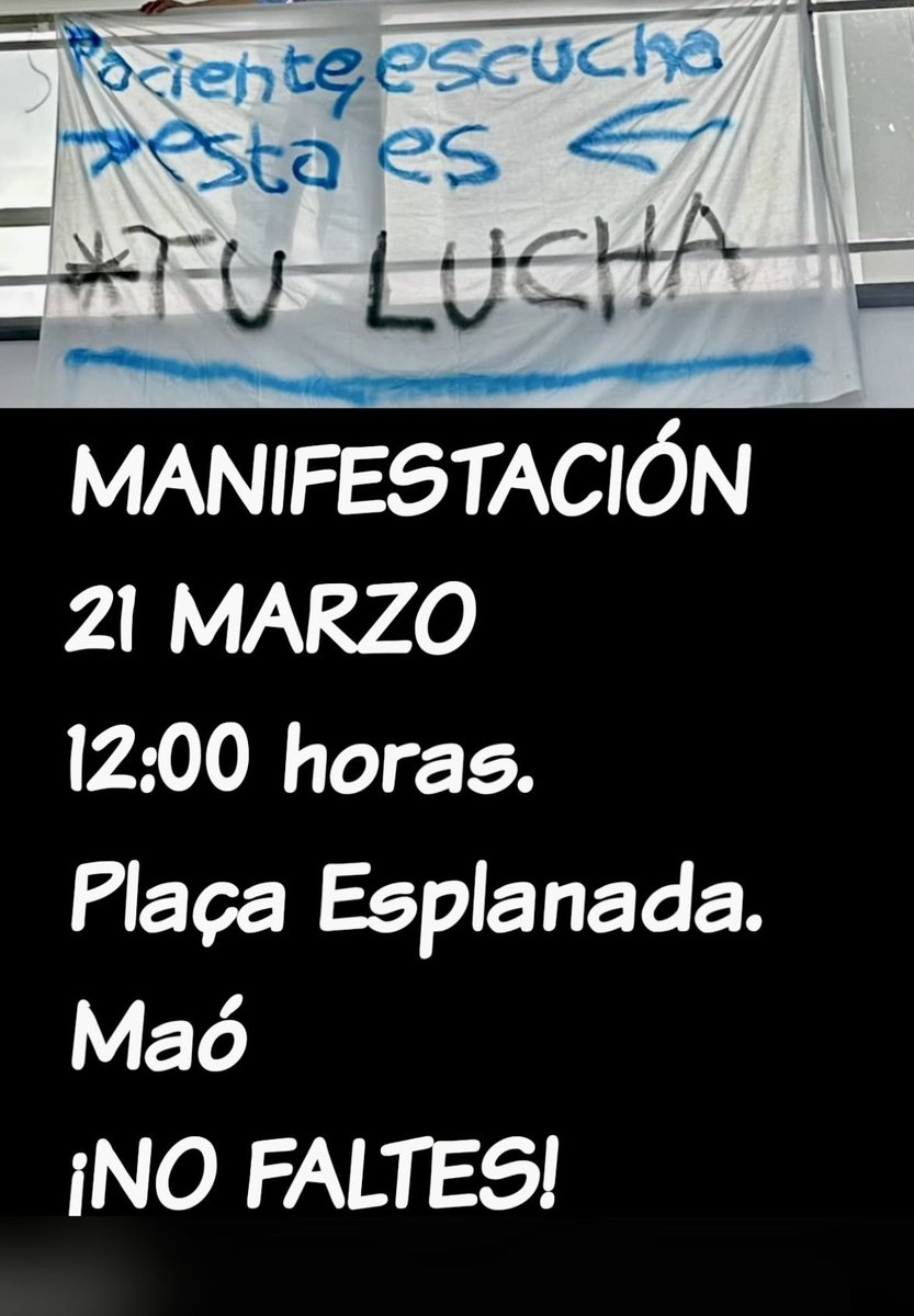 Elesfenoides's tweet photo. 21-03-2026 12:00 #manifestación #médicos de #menorca por las calles de #mahón X los #pacientes #sanidadpúblicadecalidad 
#condicioneslaboralesdignas #noalasguardiasde24horas  y un #estatutomarcopropio Acompáñanos #realidadlaboralmédica 
@SimebalCesm @IB3noticies @esdiarimenorca https://t.co/wF7wuDwaWe