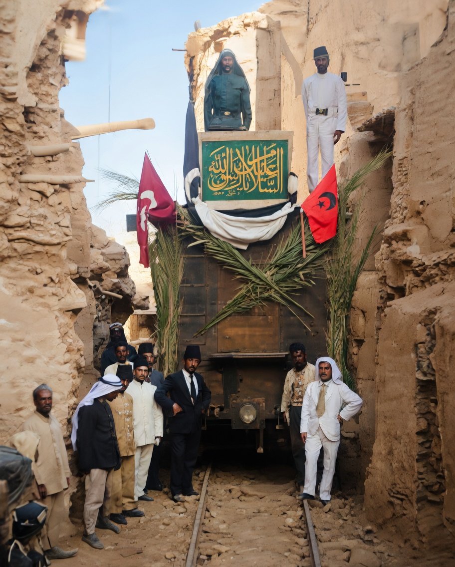 Fahreddin Paşa komutasında, Medine’deki kutsal emanetleri İngilizlerden kurtarıp taşıyan Osmanlı treni ve askerlerimiz.