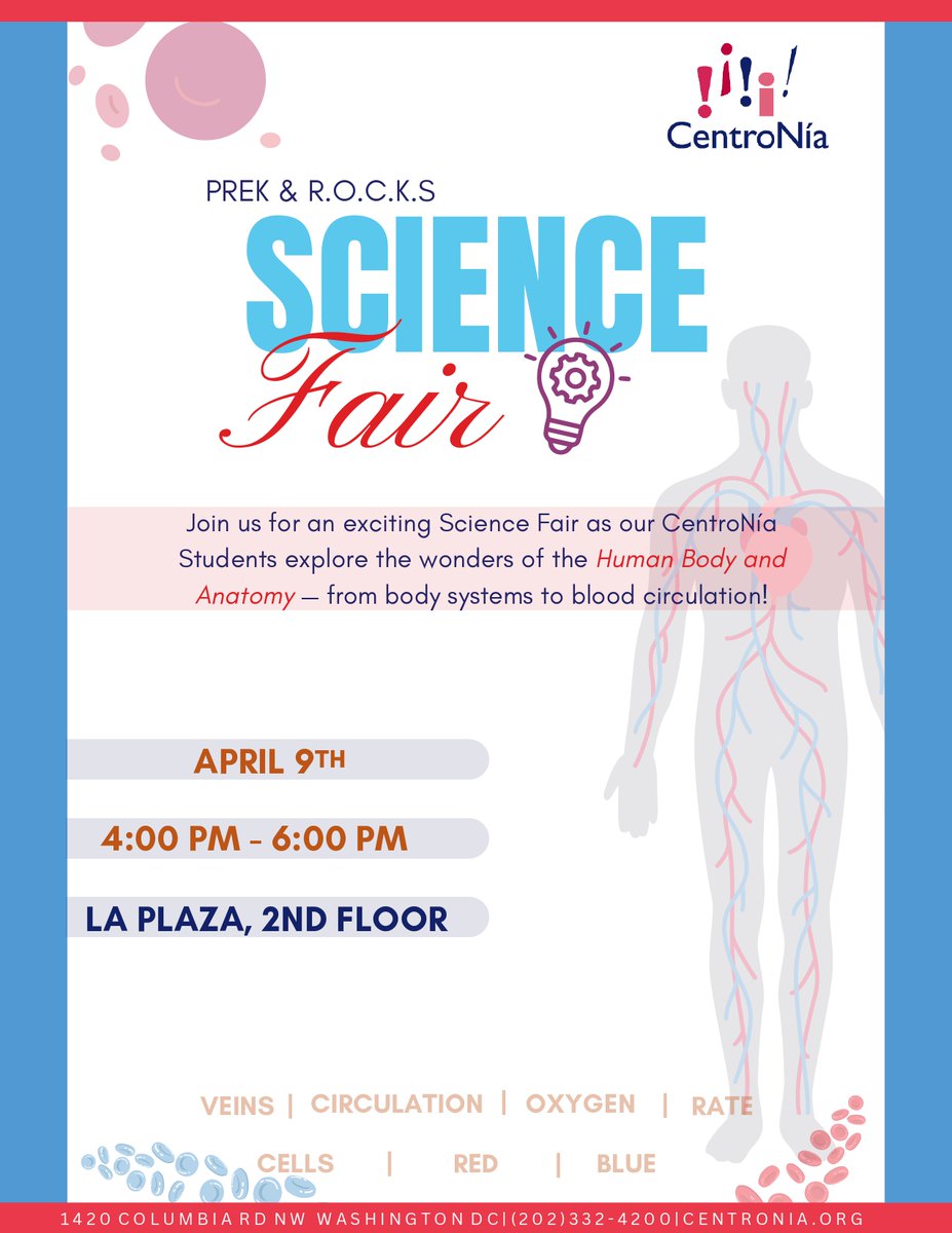 CentroNia's tweet image. CentroNía families, join us on April 9th for our annual science fair! Our pre-k and Studio R.O.C.K.S students will shsowcase all that they have learned about the human body with wonderful and creative projects!

#centronia #sciencefair #earlylearning #prek #StudioROCKS