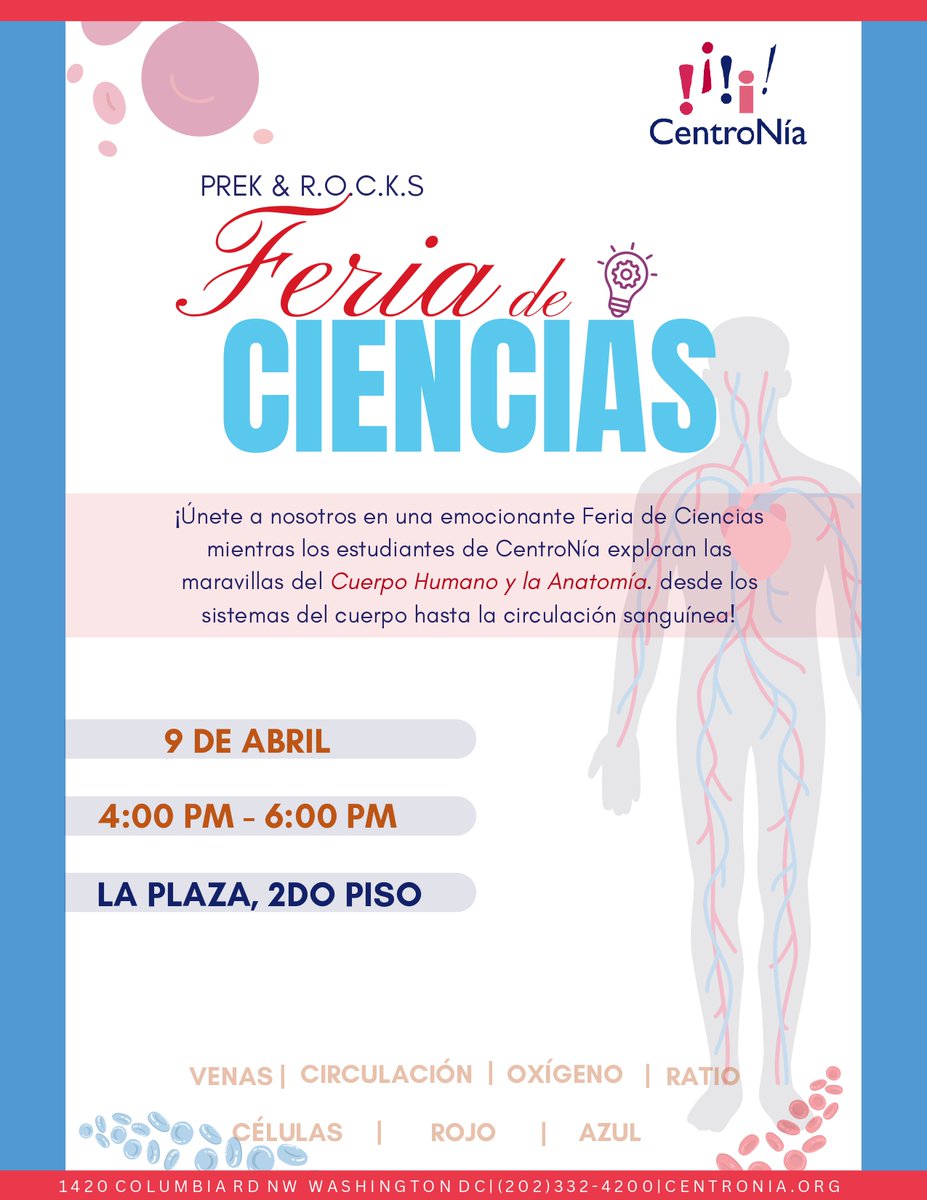 CentroNia's tweet image. CentroNía families, join us on April 9th for our annual science fair! Our pre-k and Studio R.O.C.K.S students will shsowcase all that they have learned about the human body with wonderful and creative projects!

#centronia #sciencefair #earlylearning #prek #StudioROCKS