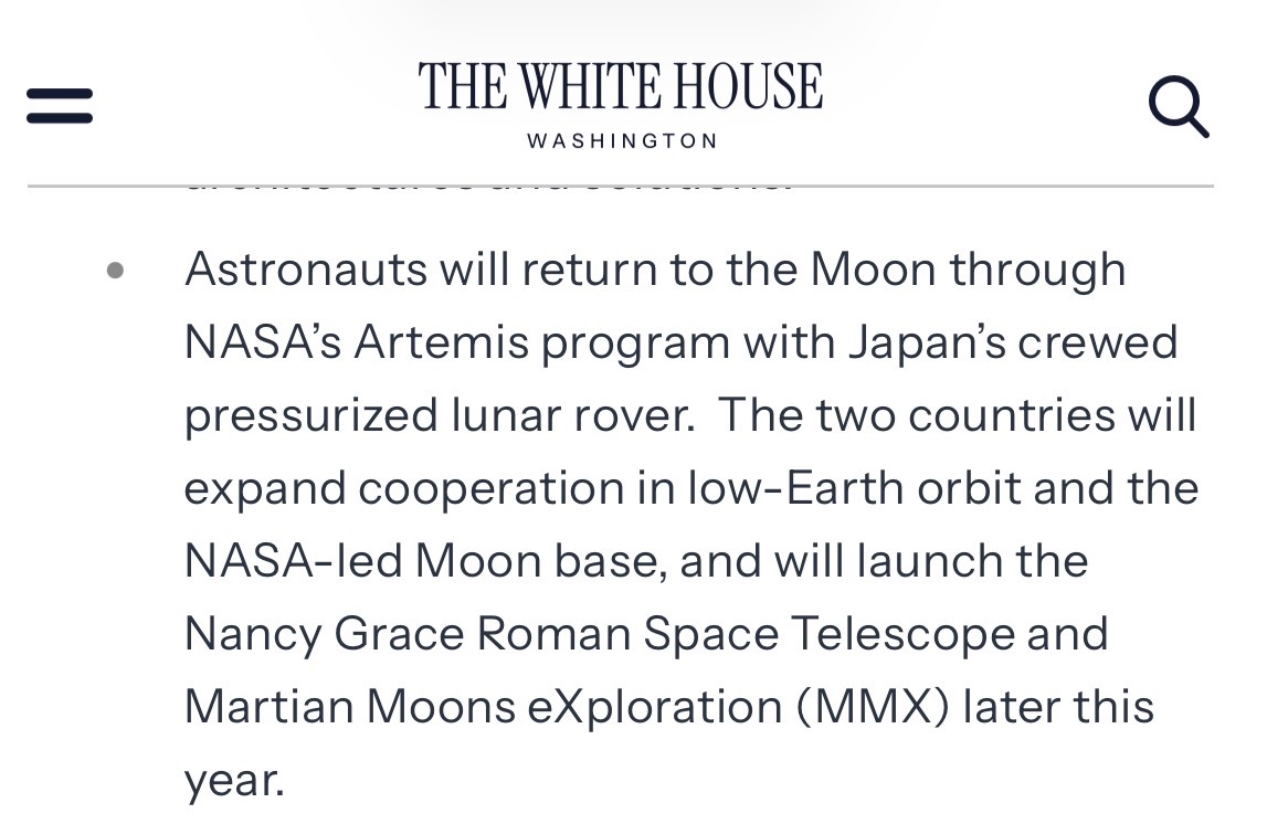 ArtemisMooner's tweet photo. Trump highlights Artemis partnership with Japan 🌕🇺🇸

Astronauts are set to return to the Moon through the Artemis program, with Japan contributing a crewed pressurized lunar rover. The U.S. and Japan are also expanding cooperation in low-Earth orbit and future lunar base efforts.

It looks like Trump has his eyes on Artemis 👀🚀🌕

More details in the official White House fact sheet:

https://t.co/vCuYAFqmY1