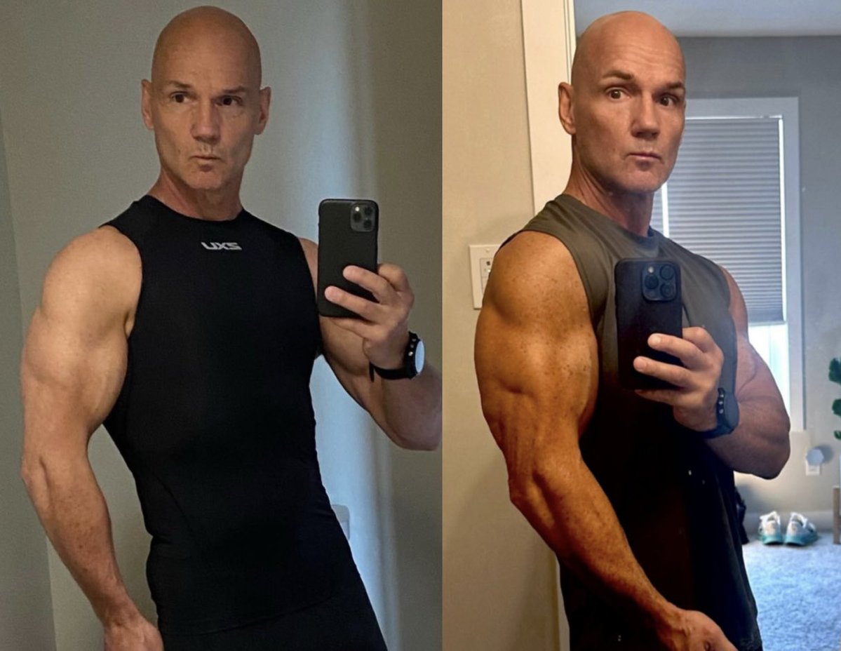 AgelessMeta's tweet image. In the photo to the left, i trained each body part once per week. Moderate weights. Gym-3 times/week

I was 59.

The other photo shows the results of training twice per week …still moderate weights. Gym-6 times/week.

I am 62.

#OldSchool #Ageless #Wisdom