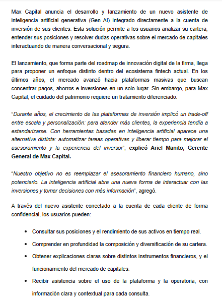 JPAperiodista's tweet photo. El bróker @maxcapital incorpora un asistente de inteligencia artificial generativa integrado directamente a la cuenta de inversión de los clientes. Esta permitirá a los usuarios analizar su cartera, entender sus posiciones y resolver dudas operativas sobre el mercado. https://t.co/U6a2Yevbbb