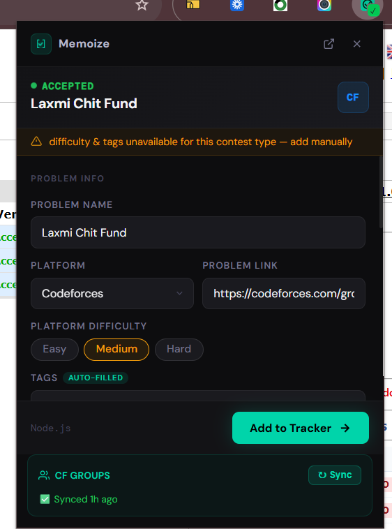 _19_neeraj's tweet photo. The moment your solution is accepted:

→ Popup appears pre-filled with problem details
→ You rate how it felt in 20 seconds
→ SM-2 algorithm schedules your next review

Struggled on DP? Back tomorrow.
Breezed through Binary Search? See you in 3 weeks. https://t.co/E8kbx43RhO