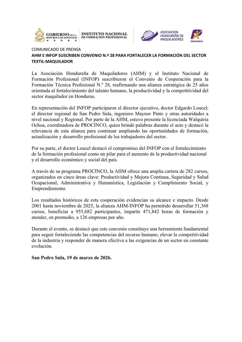 La Asociación Hondureña de Maquiladores AHM, y el Instituto Nacional de Formación Profesional INFOP, confirman alianza para capacitar el recurso humano !

La Asociación, través de su programa PROCINCO, con una amplia cartera de 282 cursos, ha formado y capacitado su personal !