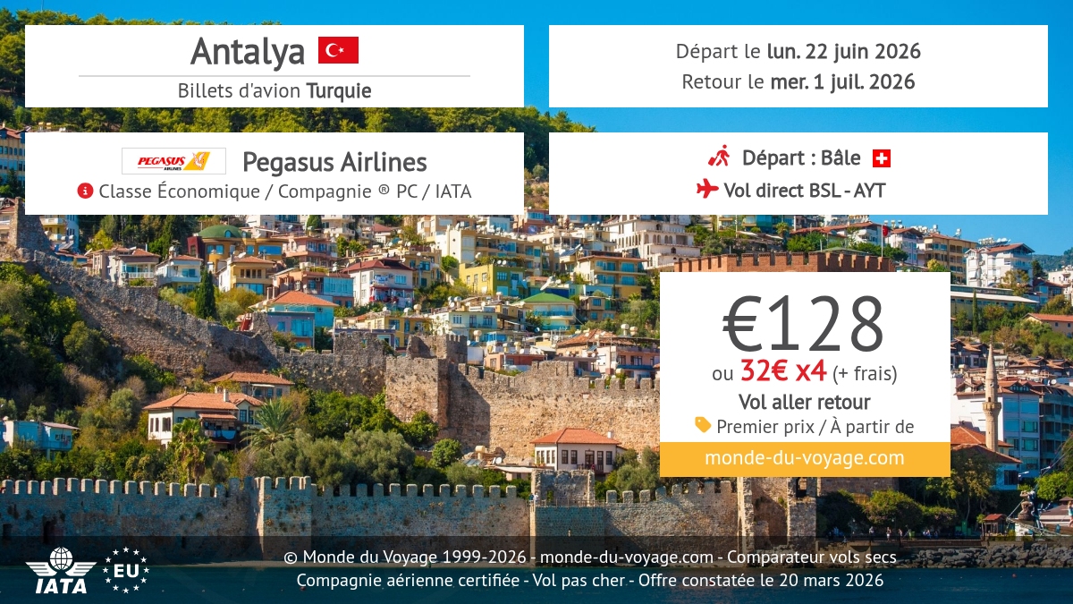Monde_du_Voyage's tweet image. ✈️ Vol A/R Bâle ➜ Antalya avec Pegasus Airlines, direct sans escale dès 128€ seulement 😱 Promo vol pas cher, petit prix, bon plan bas coût, vol discount 💸 Paiement possible en 3X ou 4X 🔁 #Antalya #Pegasus #VolPasCher #BonPlan #Voyage2026 monde-du-voyage.com/turquie/vol/de…