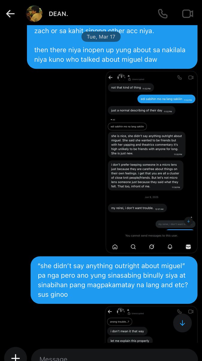 onlyreiann's tweet photo. nakapagbackread na ako’t lahat patungkol sa sinasabi nila about kay miguel, pero ito lang ang nakita ko sa convo namin ni zach na mentioned niya si miguel because of a person na nakilala niya raw.

screenshots will be provided! nakapaloob na lahat sa convo namin ni dean. https://t.co/JXREH77Jzg