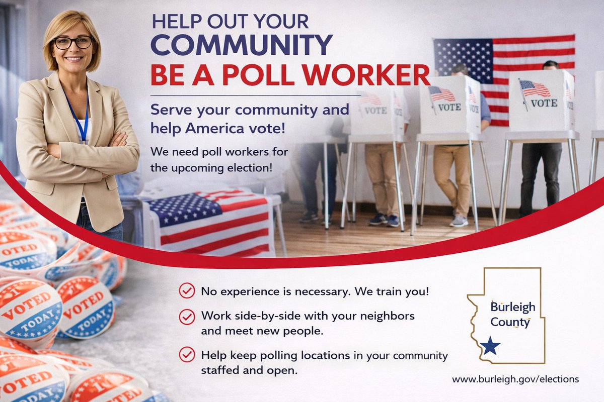𝗕𝘂𝗿𝗹𝗲𝗶𝗴𝗵 𝗖𝗼𝘂𝗻𝘁𝘆 𝗻𝗲𝗲𝗱𝘀 𝘆𝗼𝘂!
Get Involved -- Help Your Community -- AND Get Paid!
burleigh.gov/elections/be-a…

#BurleighCo #Elections #PollWorker
