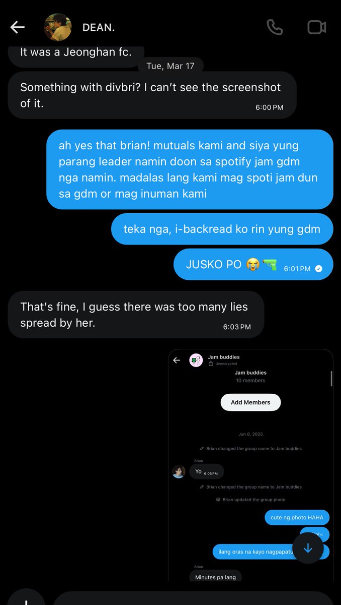 onlyreiann's tweet photo. brian only became my friend bcs i joined his spotify jam gdm where we made some other friends too. nag-backread ako sa jam buddies gdm namin both main &amp; side, abot hanggang creation of the said gdm and WALA NI ISANG PANGALAN NI VAL ANG NABANGGIT AT NAPAGUSAPAN SIYA. https://t.co/LY4nLVQb1D