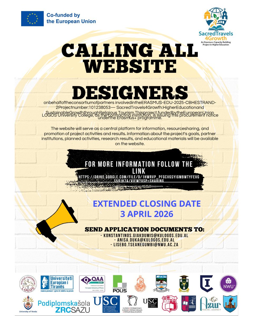 SacredTravel4G's tweet photo. Call for Website Designers/Developers 🚀

🗓 Deadline: 3 April 2026
📄 Terms of Reference: https://t.co/22rbQHmAvE

📧 Apply:
 konstantinos.giakoumis@kulogos.edu.al
 anisa.duka@kulogos.edu.al
 lisebo.tseanegumbi@nwu.ac.za

📢 Please share! https://t.co/W5wRbkdohq