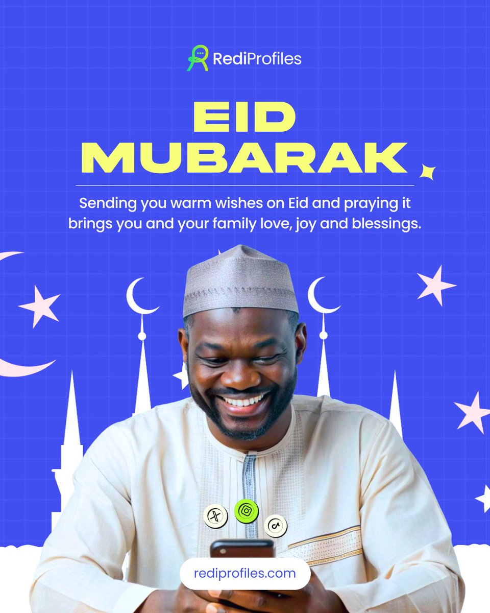 Rediprofiles's tweet photo. Eid Mubarak to you and your families! 

  May Allah shower His mercy upon you, answer your heartfelt prayers, and grant you strength, happiness, and success in all that is good.   

Wishing you a peaceful and joyful celebration. https://t.co/oZa9CHIyfT