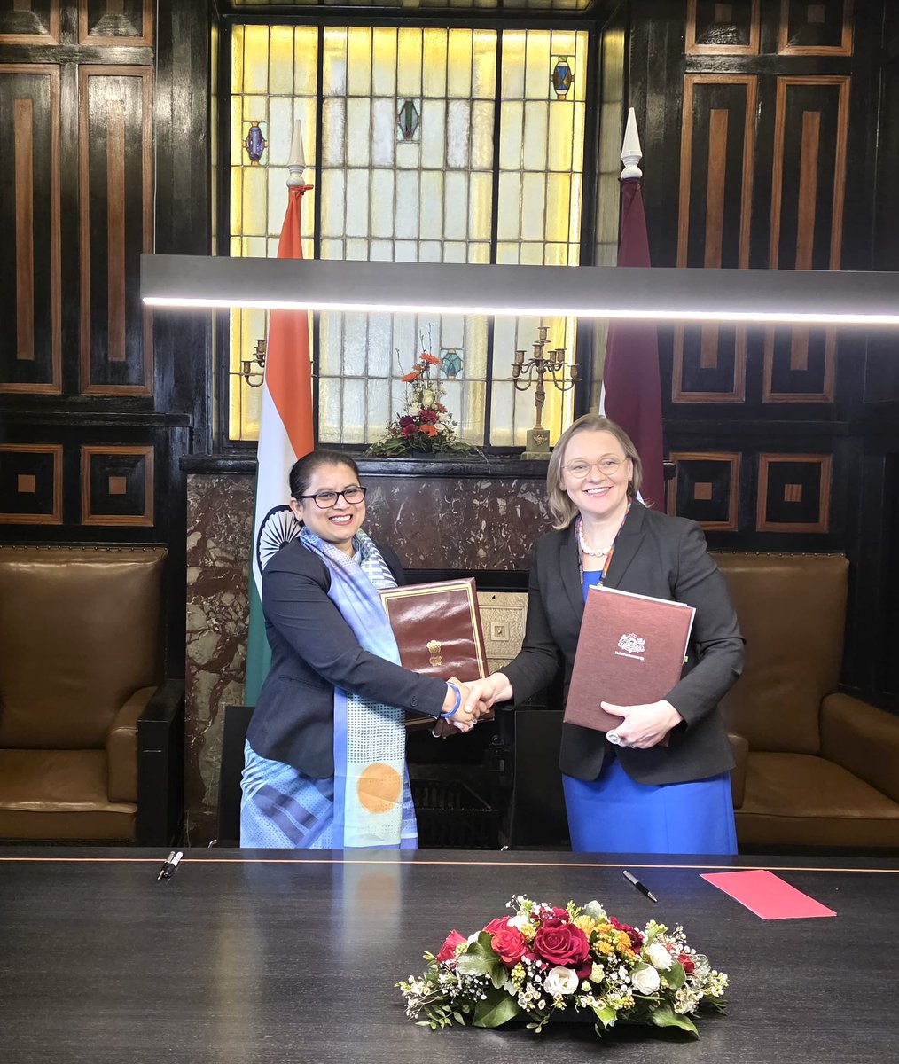 IndEmbRiga's tweet photo. India🇮🇳 and Latvia🇱🇻 , today on 20 March 2026 in Riga signed the Cultural Exchange Programme (CEP) for the years 2026-2029. On behalf of the @MinOfCultureGoI, CEP was signed by H.E. @Namrata_SKumar, Ambassador Extraordinary and Plenipotentiary of the Republic of India to the Republic of Latvia and on behalf of the Ministry of Culture of Latvia by Zane Vāgnere, Deputy State Secretary @KM_kultura.

Within the Agreement on Cultural Exchange Programme signed between India and Latvia in 2006, the Programme signed today is one of the first major Cooperation Programmes signed between the two countries after the establishment of India’s resident Mission in Riga in July 2024.

A comprehensive CEP covering all aspects of cultural cooperation will further strengthen intellectual, cultural, literary and people to people exchanges and bonds between India and Latvia.
🇮🇳🇱🇻

@narendramodi @PMOIndia @MEAIndia @IndianDiplomacy @Latvian_MFA @LVinIndia @iccr_hq @DDNewslive @airnewsalerts @ani_digital @letanewsen @DelfiLV @TVNET_zinas