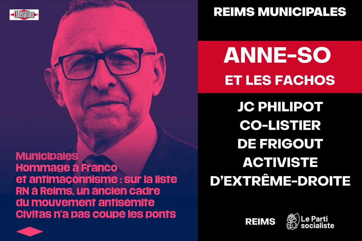 PS_Reims's tweet photo. #RN 
Après ses liens avec l’UNI et la condamnation de son n°4, nouvelle révélation de Libération : J-C Philippot, co-listier de @asfrigout , a tenté de cacher des tweets pro-Franco, antimaçonniques et complotistes.
👉22 mars : un seul choix
@EricQUENARD Liste Unis pour Reims https://t.co/54Z2eoAwv8