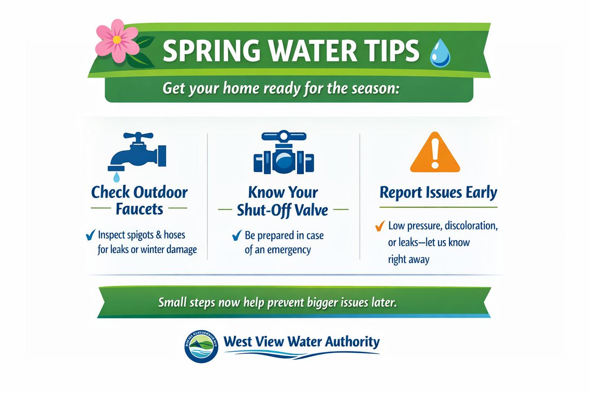 WestViewWater's tweet photo. 🌷💧 First day of spring + end of week update:

We’re delivering safe, reliable water while gearing up for a busy infrastructure season.

🔹 Check outdoor water lines
🔹 Know your shut-off valve
📞 412-931-3292

#FirstDayOfSpring #WestViewWater https://t.co/iiZckWMaHW