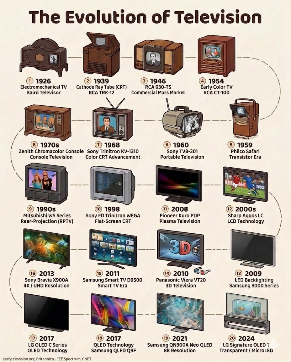 TheDataHubX's tweet photo. 📺 The Evolution of Television

1) 1926 - Electromechanical TV (Baird Televisor)  
2) 1939 - Cathode Ray Tube (CRT) TV (RCA TRK-12)  
3) 1946 - RCA 630-TS (Commercial Mass Market TV)  
4) 1954 - Early Color TV (RCA CT-100)  
5) 1959 - Transistor TV Era (Philco Safari)  

6) 1960 - Portable Television (Sony TV8-301)  
7) 1968 - Color CRT Advancement (Sony Trinitron KV-1310)  
8) 1970s - Console Color TV (Zenith Chromacolor)  

9) 1990s - Rear Projection TV (Mitsubishi WS Series)  
10) 1998 - Flat-Screen CRT (Sony FD Trinitron WEGA)  

11) 2008 - Plasma TV (Pioneer Kuro PDP)  
12) 2000s - LCD Technology (Sharp Aquos)  
13) 2009 - LED Backlighting (Samsung 8000 Series)  

14) 2010 - 3D TV (Panasonic Viera VT20)  
15) 2011 - Smart TV Era (Samsung Smart TV D9500)  
16) 2013 - 4K / UHD TVs (Sony Bravia X900A)  

17) 2017 - OLED TVs (LG OLED C Series)  
18) 2017 - QLED Technology (Samsung QLED Q9F)  
19) 2021 - Neo QLED 8K TVs (Samsung QN900A)  
20) 2024 - Transparent / MicroLED TVs (LG Signature OLED T)