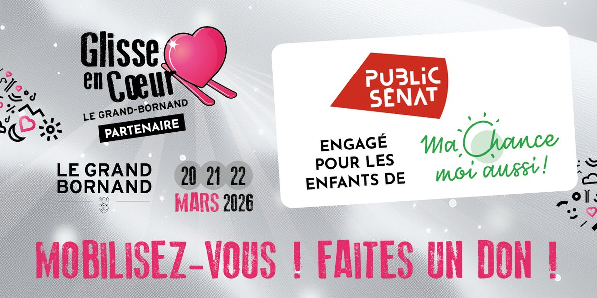 publicsenat's tweet image. 🎿 Glisse en Cœur 2026 : un #défi #sportif et solidaire unique, en #partenariat avec @publicsenat

📆 Du 20 au 22 mars 2026 📍 @mongrandbo

👥Cette année Glisse en cœur soutien l’association @MCMA_Officiel 

⛷️ Au programme : une grande course aux dons avec défi sportif de 24h de