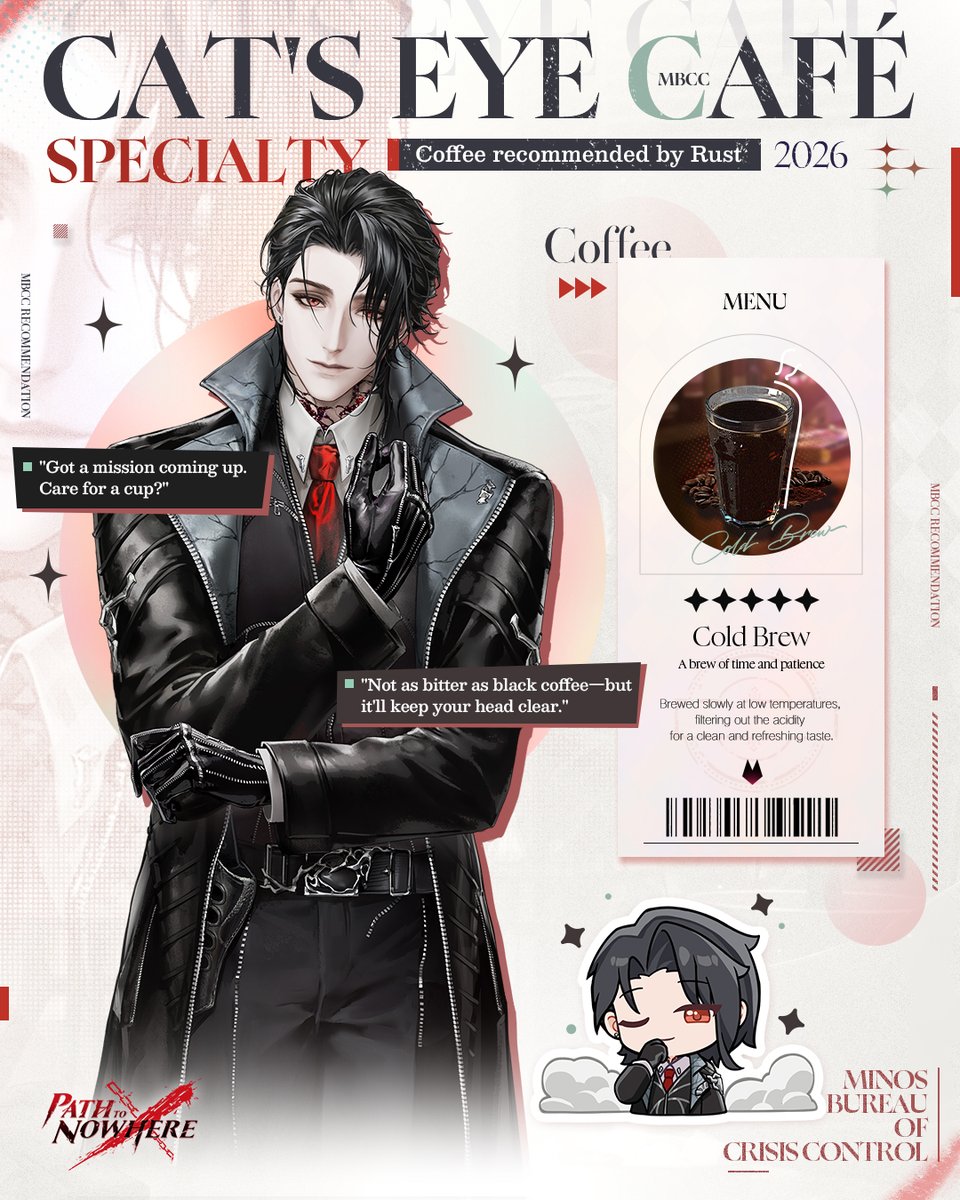PathtoNowhereEN's tweet photo. ■ Cat's Eye Café Specialty
■ Today's Pick: Cold Brew

— A brew of time and patience
Taster: Rust
"Got a mission coming up. Care for a cup?"
"Not as bitter as black coffee—but it'll keep your head clear."

#PathtoNowhere #PTN https://t.co/pDIbtdpq8Y