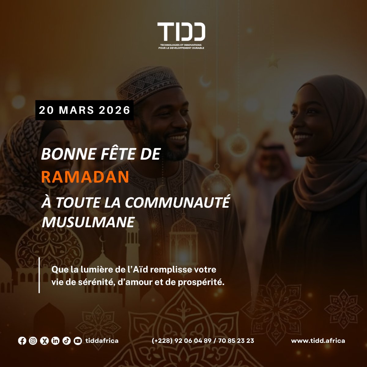 À l’occasion de la fête de Ramadan, nous adressons nos vœux de paix, de joie et de bénédictions à toute la communauté.

Que cette journée soit remplie de partage, de solidarité et de moments précieux avec vos proches.
 
#Ramadan #EidMubarak #Paix #Solidarité #Communauté #TIDD