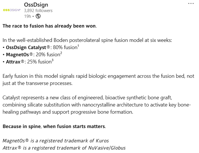 $OSSD Om någon hade glömt, OssDsign kan ha den vassaste produkten på marknaden. MagnetOs och Attrax är två av dom mer relevanta konkurrenterna, då dom är tredje generationens syntetiska bengraft precis som Catalyst. Efter 6 veckor visade Catalyst betydligt högre fusion rate.