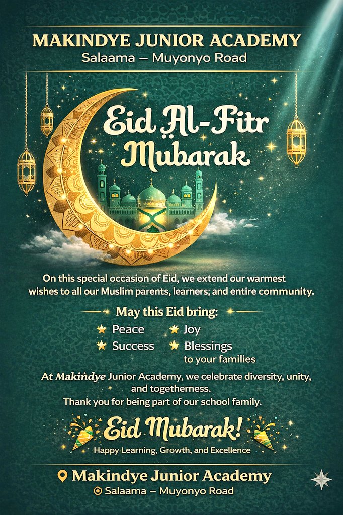 MJuniorAcademy's tweet photo. 🌙 Eid Mubarak!

Makindye Junior Academy wishes all our Muslim family a joyful and blessed Eid.

May this season renew our hearts with peace, strengthen our unity, and fill our homes with happiness.

✨ Together, we grow. Together, we celebrate. https://t.co/EWhpAs7QCs