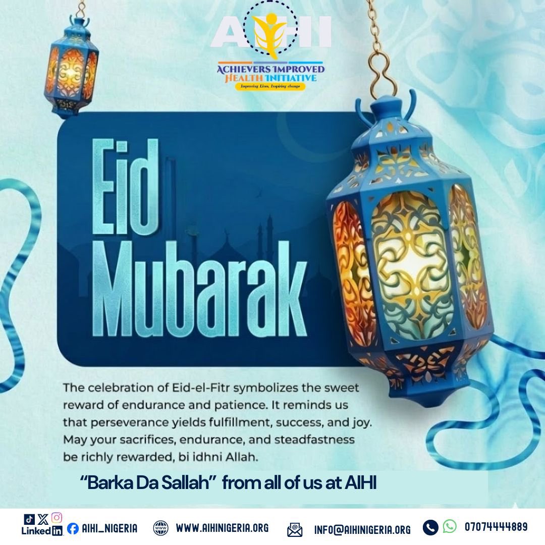 aihi_Nigeria's tweet image. Eid Mubarak! 🌙✨

As we celebrate Eid-el-Fitr, may this season of reflection and gratitude bring peace, joy, and renewed hope to you and your loved ones.
#EidMubarak #EidElFitr #SeasonOfGiving #SpreadKindness #CommunityCare #PeaceAndJoy #AIHICommunityCares #AIHIForImpact
