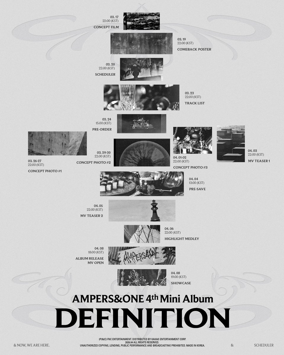 앰퍼샌드원 (AMPERS&amp;ONE)
4th Mini Album [DEFINITION]

𝐒𝐂𝐇𝐄𝐃𝐔𝐋𝐄𝐑

2026.04.08 18:00 (KST)

#앰퍼샌드원 #AMPERSANDONE #DEFINITION