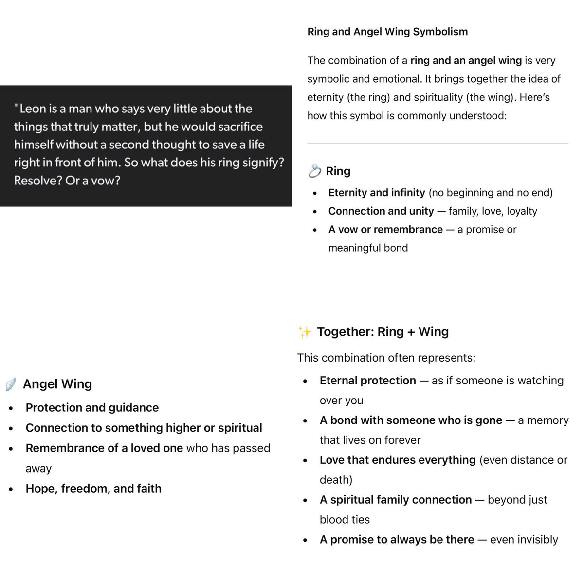 “so what does his ring signify? resolve? or a vow?”

claire angel wings 
sherry and leon rings