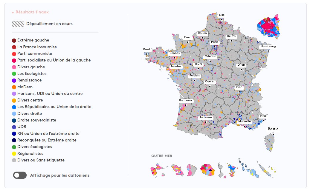 Bravo à <a href="/franceinfo/">franceinfo</a>, je ne savais pas que ça se faisait. Ils ont pensé aux daltoniens avec la possibilité d’afficher les couleurs pour eux sur la carte (petit bouton poussoir en bas à gauche). Je ne savais pas que ça se faisait. C’est très bien de leur part. 
👏🏻👏🏻👏🏻