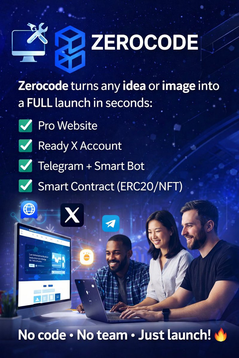 0xwh4les's tweet photo. @ZEROCODE_io  = idea → FULL launch in seconds

⚡ Website
⚡ X account
⚡ Telegram bot
⚡ Smart contract

No code. No team. Just launch. 🔥

#ZEROCODE #Web3 #AI https://t.co/QnBIPtyY91