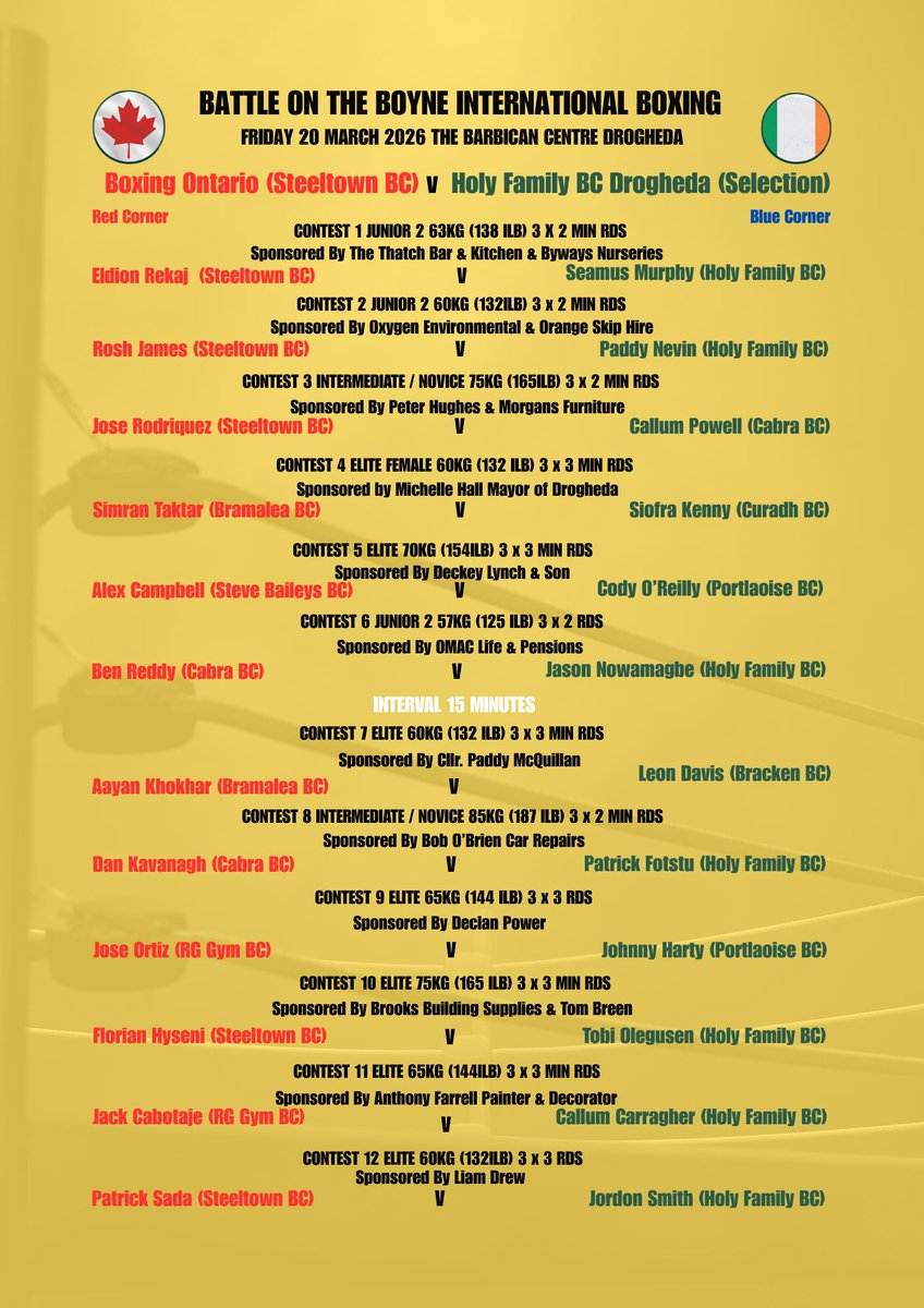 AndrewMilne12's tweet image. BATTLE ON THE BOYNE 

Canada Selection v Ireland Selection 

International Boxing returns to Drogheda tonight hosted by Holy Family Boxing Club. 12 Top Class fights from Junior to Elite at The Barbican

Doors 7pm
First Bell 7:30pm
Tickets €10

#boxing #drogheda #eventmanagement