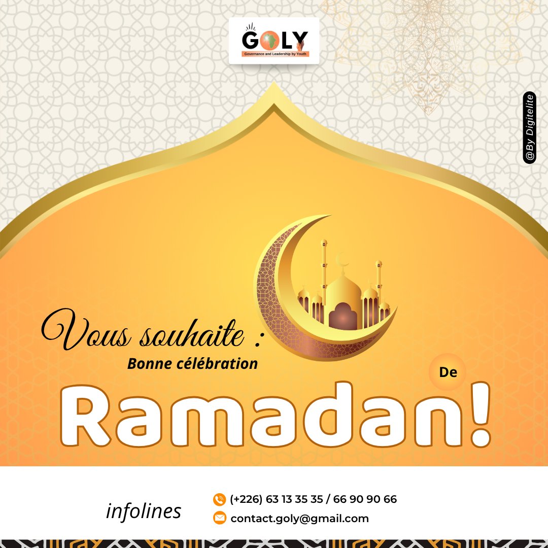GolyBF's tweet photo. [ BONNE CÉLÉBRATION DU RAMADAN ] 

À l’occasion de la fête de Ramadan, GOLY souhaite à toutes et à tous une belle célébration. Que cette journée soit remplie de paix, de partage et de joie auprès de vos familles et de vos proches

Bonne fête de Ramadan à toutes et à tous.

#GOLY https://t.co/UJHnwLmSRp