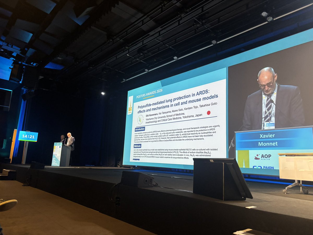 DrFDamico's tweet photo. First prize at the #ISICEM26 Poster Awards 🏆  
@ISICEM 
Great work on polysulfide-mediated lung protection in ARDS.  
Well deserved. https://t.co/ngJi7FgjdT