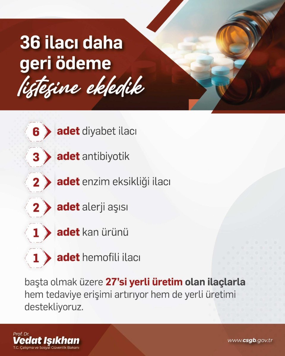 💊 Sosyal Güvenlik Kurumumuz aracılığıyla vatandaşlarımızın ilaca ve tedaviye erişimini kesintisiz şekilde güçlendirmeye devam ediyoruz.

Bu kapsamda;
✔️ Hemofili, kan ürünü ve alerji aşısı başta olmak üzere,
✔️ Diyabet, enfeksiyon, enzim eksikliği ve bağışıklık hastalıklarını