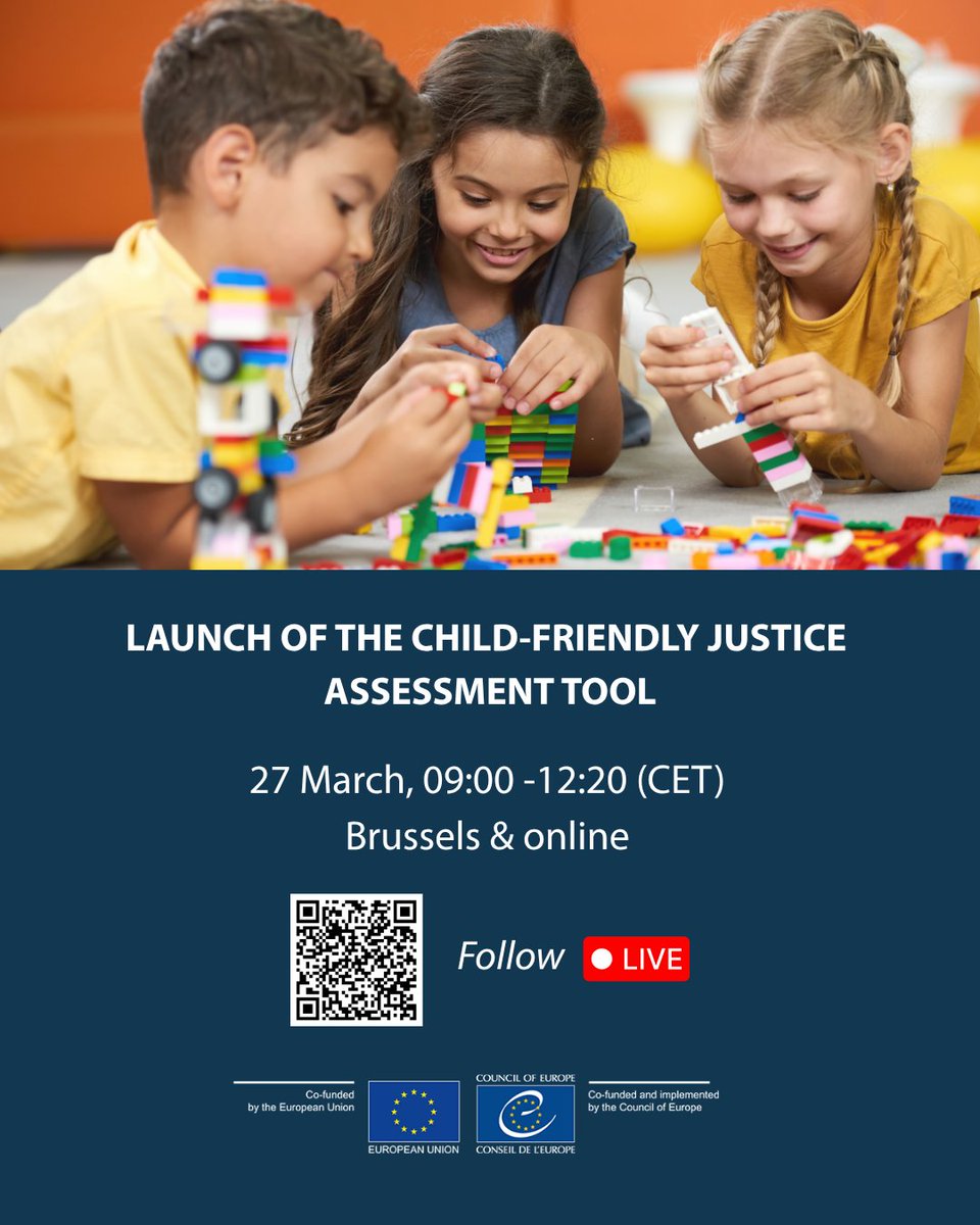 CoE_children's tweet photo. How can justice systems be less intimidating for children?

Join us online for the launch of the new @coe #ChildFriendlyJustice Assessment Tool with national authorities, #ChildRights NGOs and experts from across Europe!

🗓️ 27/03, 9:00-12:20 (CET)

More 👉https://t.co/NXtzdse6ig https://t.co/f6KQRZoIOp