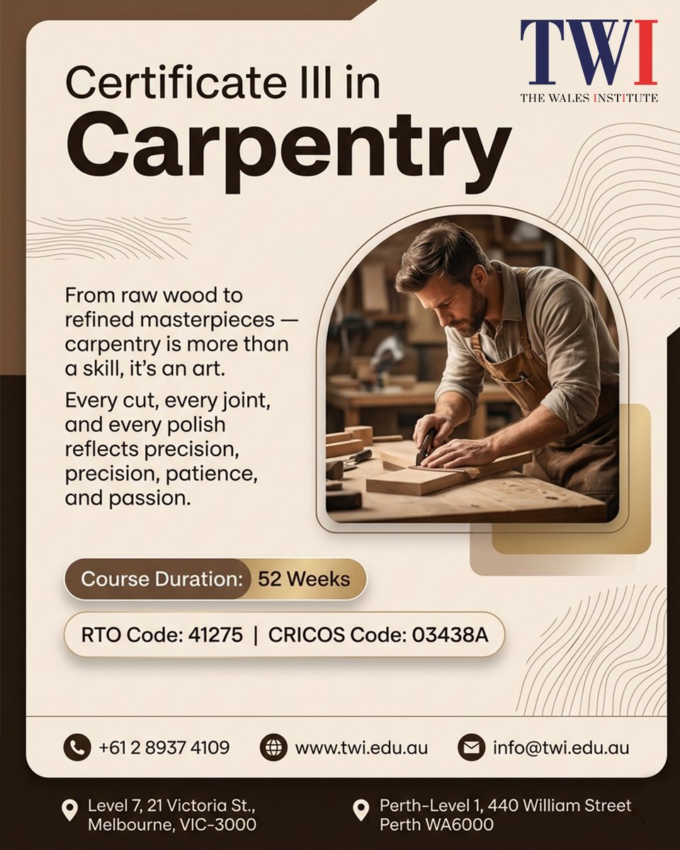 thewalesinsti's tweet image. Turn your passion into a profession with Certificate III in Carpentry 🛠️✨
Learn the art of precision, creativity, and craftsmanship while building a strong future in the construction industry. Your journey from raw wood to masterpieces starts here!
#CarpentryCourse #Skills