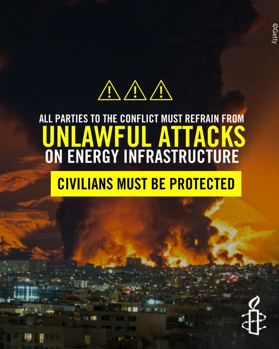 AgnesCallamard's tweet photo. We at @amnesty reiterate our call for all parties to the conflict in the #MENAregion to refrain from unlawful attacks on energy infrastructures.

The potential for vast, predictable, and devastating civilian harm arising from strikes targeting energy infrastructure, including uncontrolled deadly fires, major disruptions to essential services, environmental damage, and severe long-term health risks for millions. Civilians must be protected.