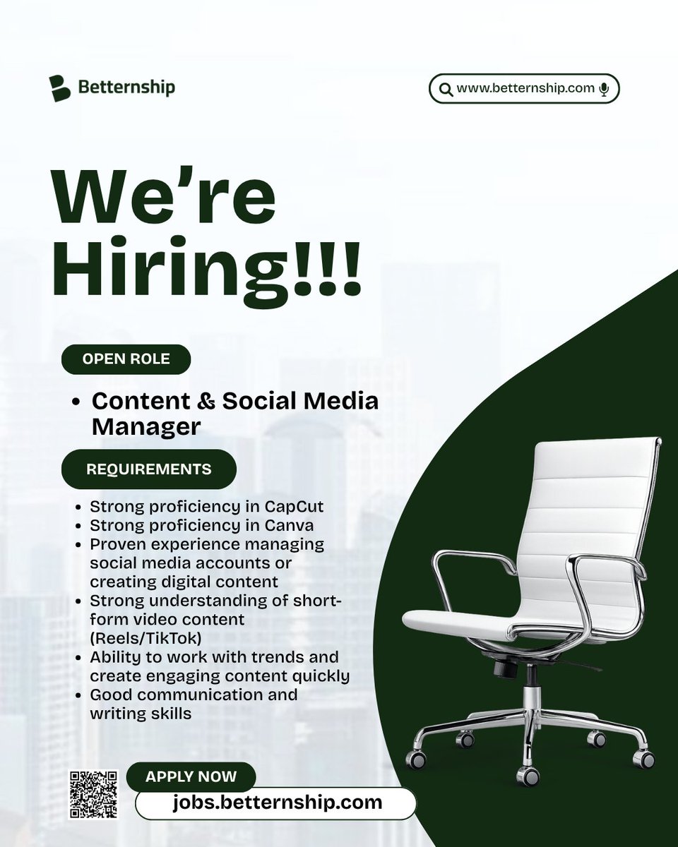 betternship's tweet image. Hiring!!!

Content &amp;amp; Social Media Manager (Content Quarterback)

This role is responsible for translating our client’s ideas into engaging, high-quality digital content across social platforms.

Apply using the link below:
jobs.betternship.com/job/content-so…

#smm #socialmediamanagement