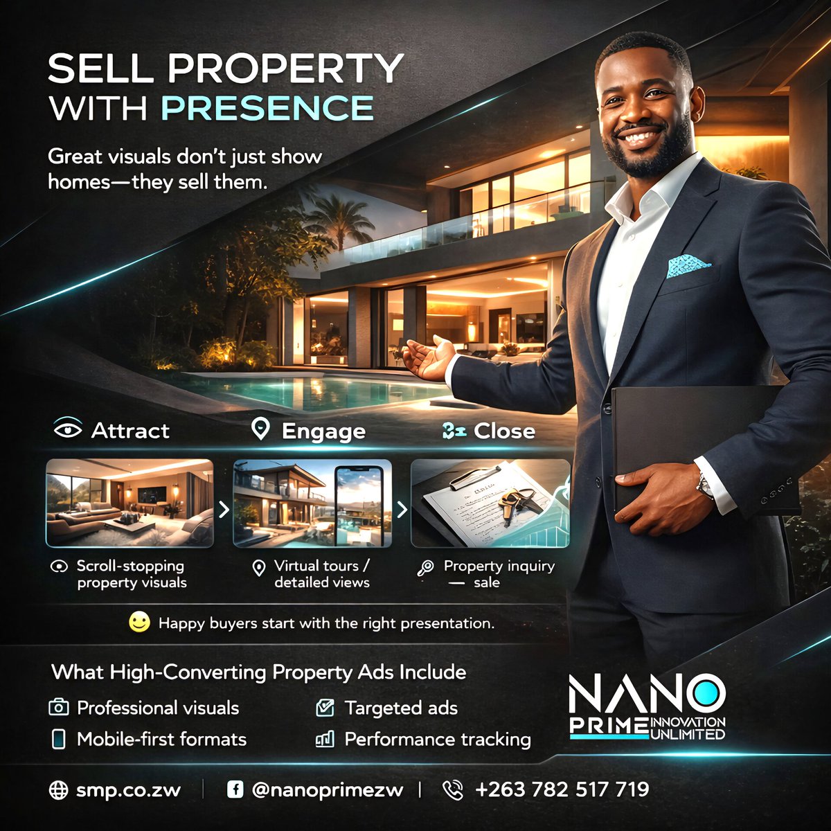 NanoPrimeZw's tweet image. Sell more than property—sell the feeling of home. 🏡✨
Strong visuals + smart targeting = faster sales and happy buyers.

Turn scrolls into serious inquiries

📲 Let’s market your listings the right way.
#RealEstateMarketing #PropertySales #DigitalAds #NanoPrime #ZimbabweBusiness