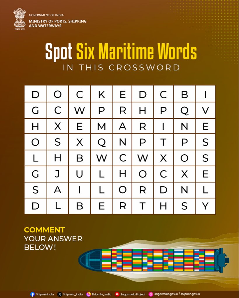 shipmin_india's tweet photo. ๐ Maritime Quiz of the Week is back!
Put your thinking caps on and dive right in to find the maritime words hidden in the crossword.
๐ Comment your answer below and be a part of the challenge.
#MaritimeQuiz #QuizOfTheWeek #PortsShippingWaterways https://t.co/nxLTI9zQCb