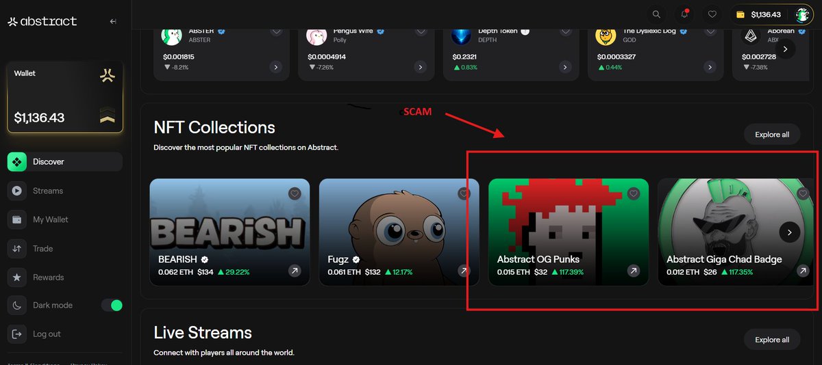 AGryzhak's tweet photo. I think @AbstractChain  should make sure that scam collections are not advertised on the portal's storefront.
Just @0xCygaar  make it so that only verified collections are displayed, I think it won't take much time, and it will save someone from scams. https://t.co/NOcgkoUzgN