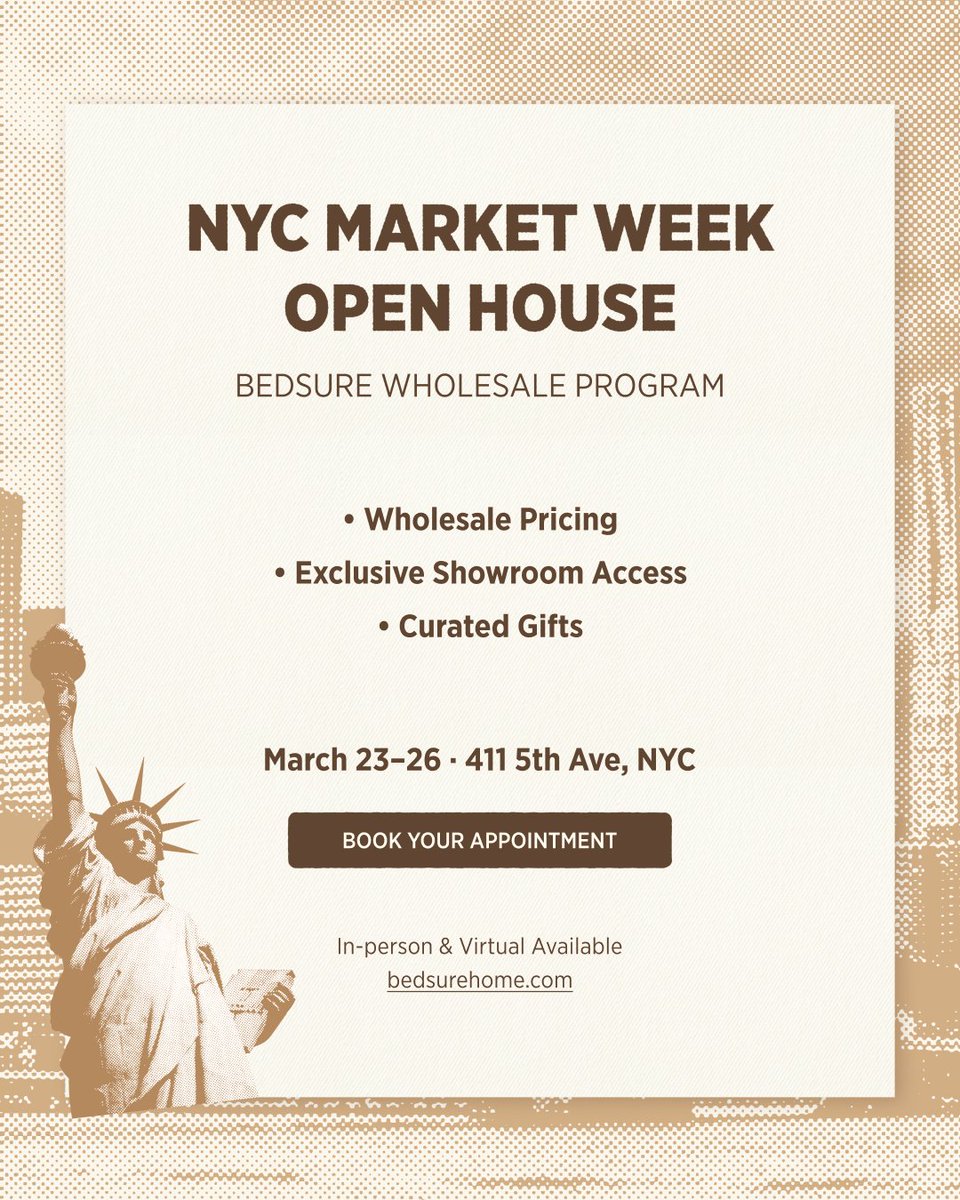 Bedsurehome's tweet photo. Headed to NYC Market Week? 👀
Come experience Bedsure® in person.
✨ B2B Open House
📍 411 5th Ave
📅 Mar 23–26

Built for: hospitality • designers • procurement
Spots are limited →
👉 https://t.co/X4B7UsaM6V

#BedsureMarketWeek #NYCMarketWeek #BedsureB2B https://t.co/PVUESyGQfK