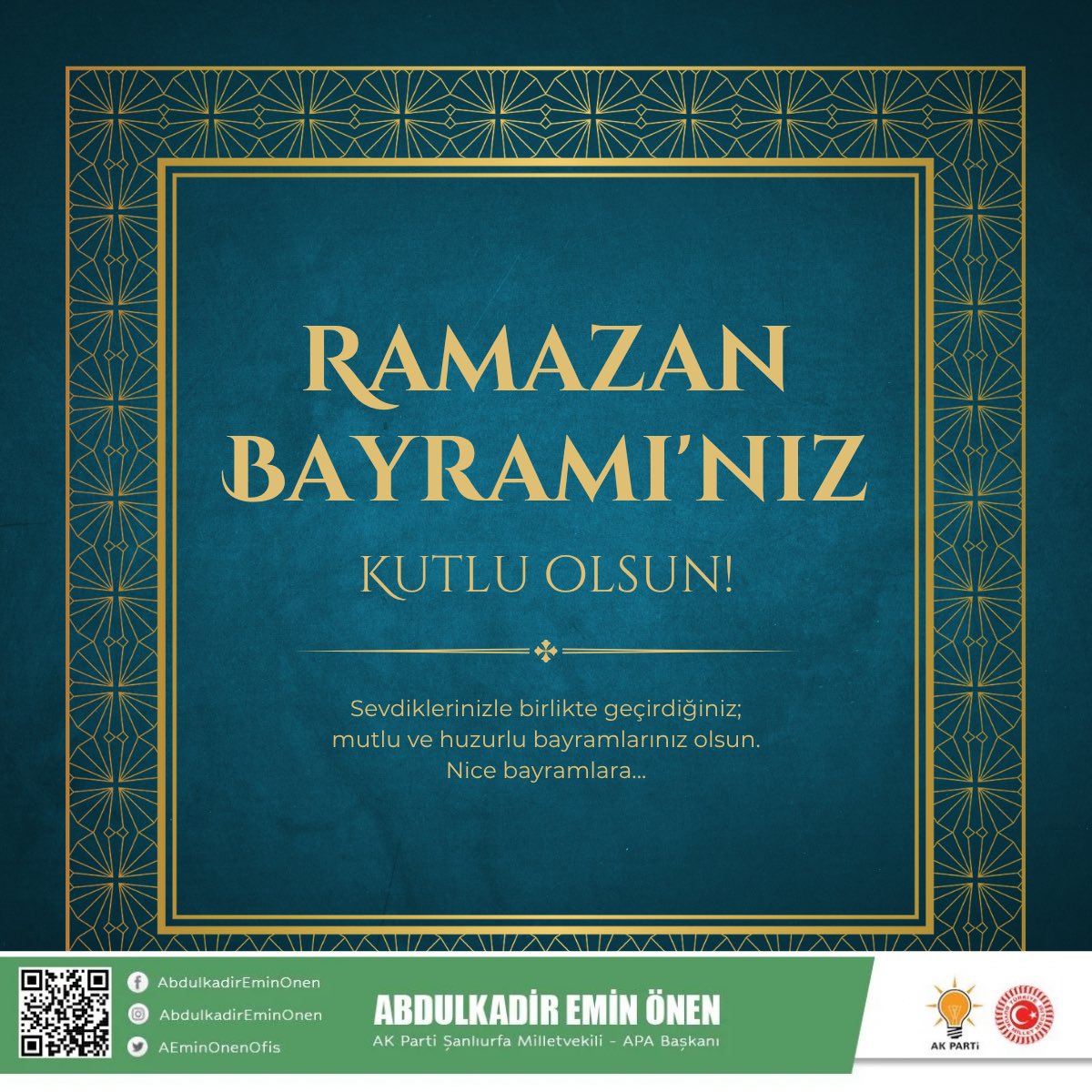 Sevinçte ve kederde tek yürek çarpan aziz milletimizin ve tüm İslam âleminin Ramazan Bayramı mübarek olsun..

Dualarımız; 

Filistin’den tüm mazlum coğrafyalara kadar yüzlerin güldüğü, ay yıldızlı sancağımız altında huzurla uyandığımız nice bayramlar içindir..

Bayramımız hayr,