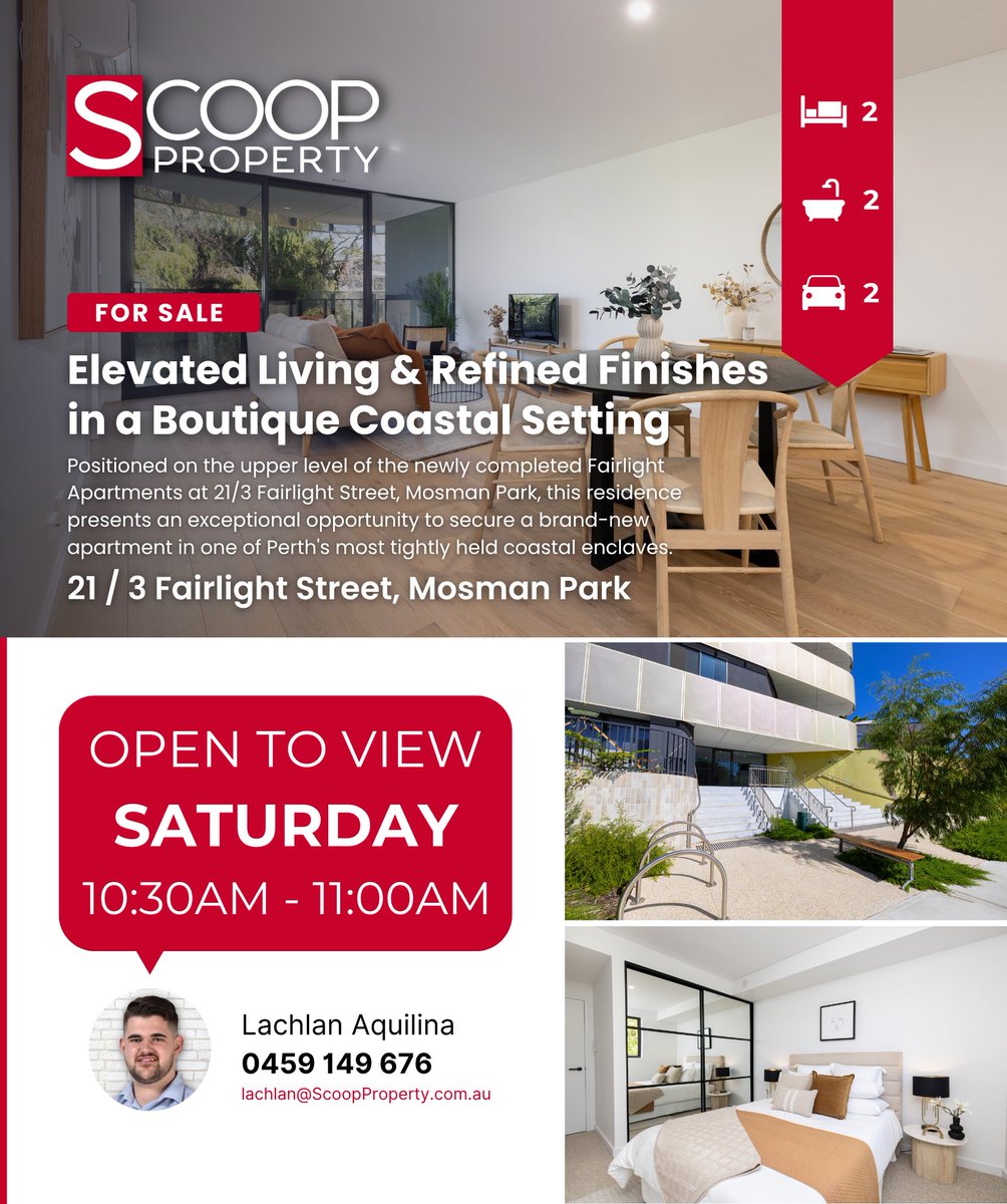 ScoopProperty's tweet photo. 🌟 𝐉𝐔𝐒𝐓 𝐋𝐈𝐒𝐓𝐄𝐃 !
21/3 Fairlight Street, Mosman Park
🕚 HOME OPEN SATURDAY 10:30AM
⠀⠀⠀⠀⠀⠀
ℹ️ For more details please see our website or contact the sales rep:
⠀⠀⠀
👤 Lachlan Aquilina
M: 0459 149 676 https://t.co/tW4Fkp4qwq